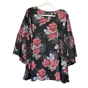 Bobeau Women’s 1X Black/Red Floral Flare-Sleeves Pullover Valentines Feminine
